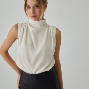 Pleated High Neck Sleeveless Blouse