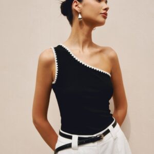 Contrast Trim One Shoulder Off Tank Top