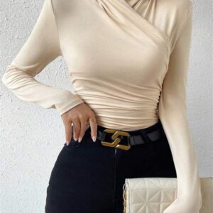 Cross-Over Collar Pleated Cinched T-Shirt
