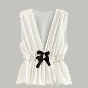 V-Neck Gathered Waist Bow-Detail Top