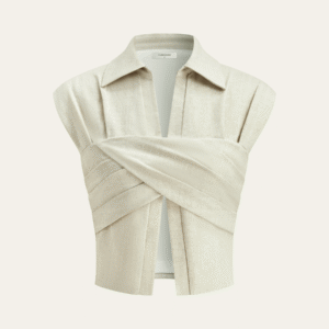 Linen Blend Cropped Blouse with Cross Wrap Detail
