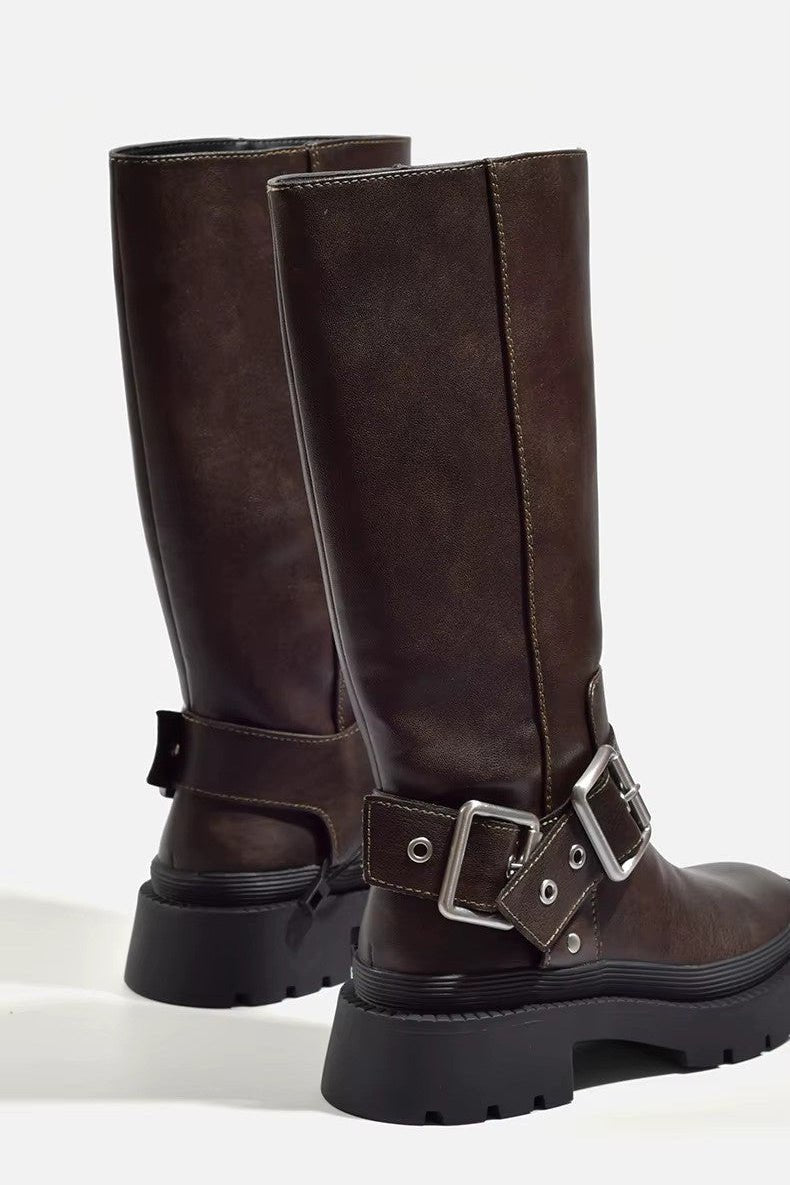 Retro Buckle Knee-High Boots - Image 2