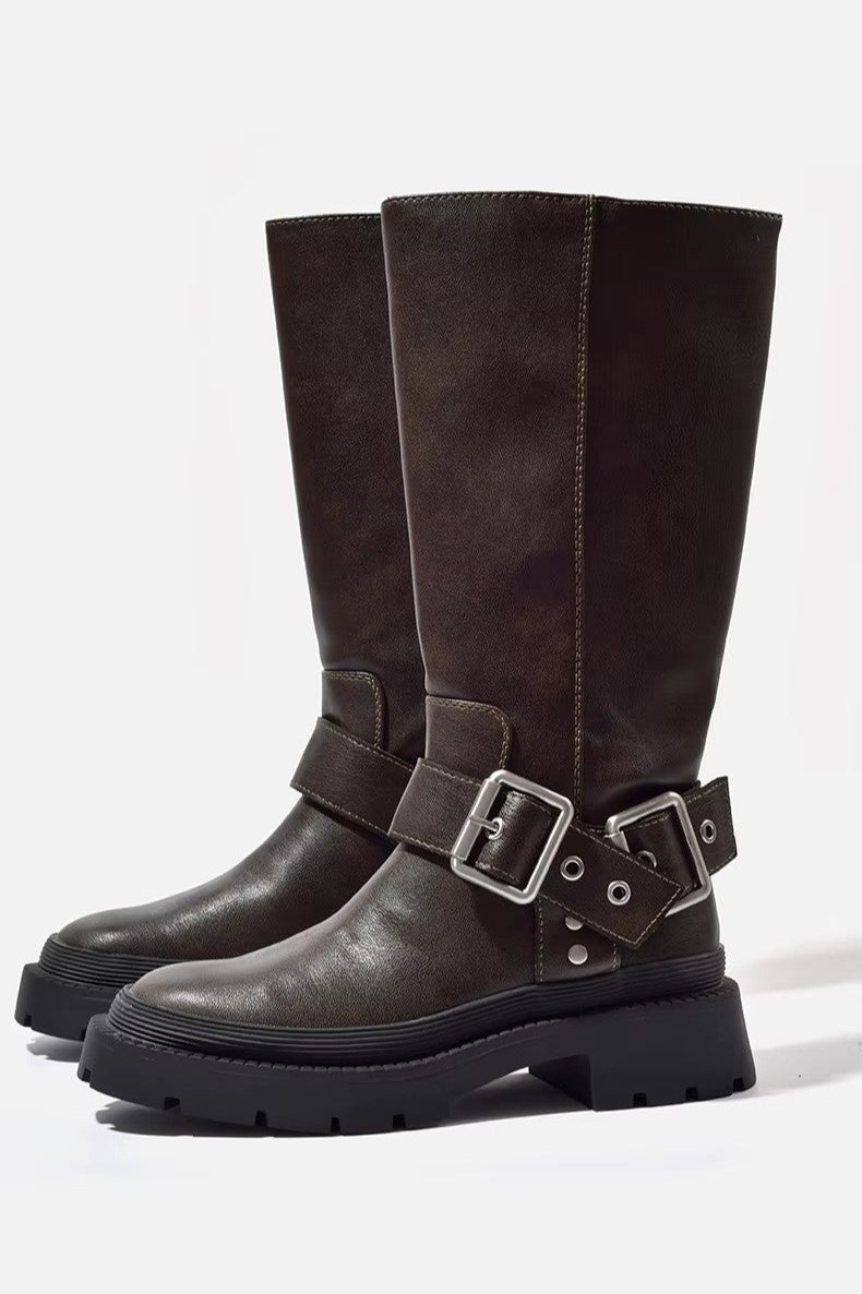 Retro Buckle Knee-High Boots